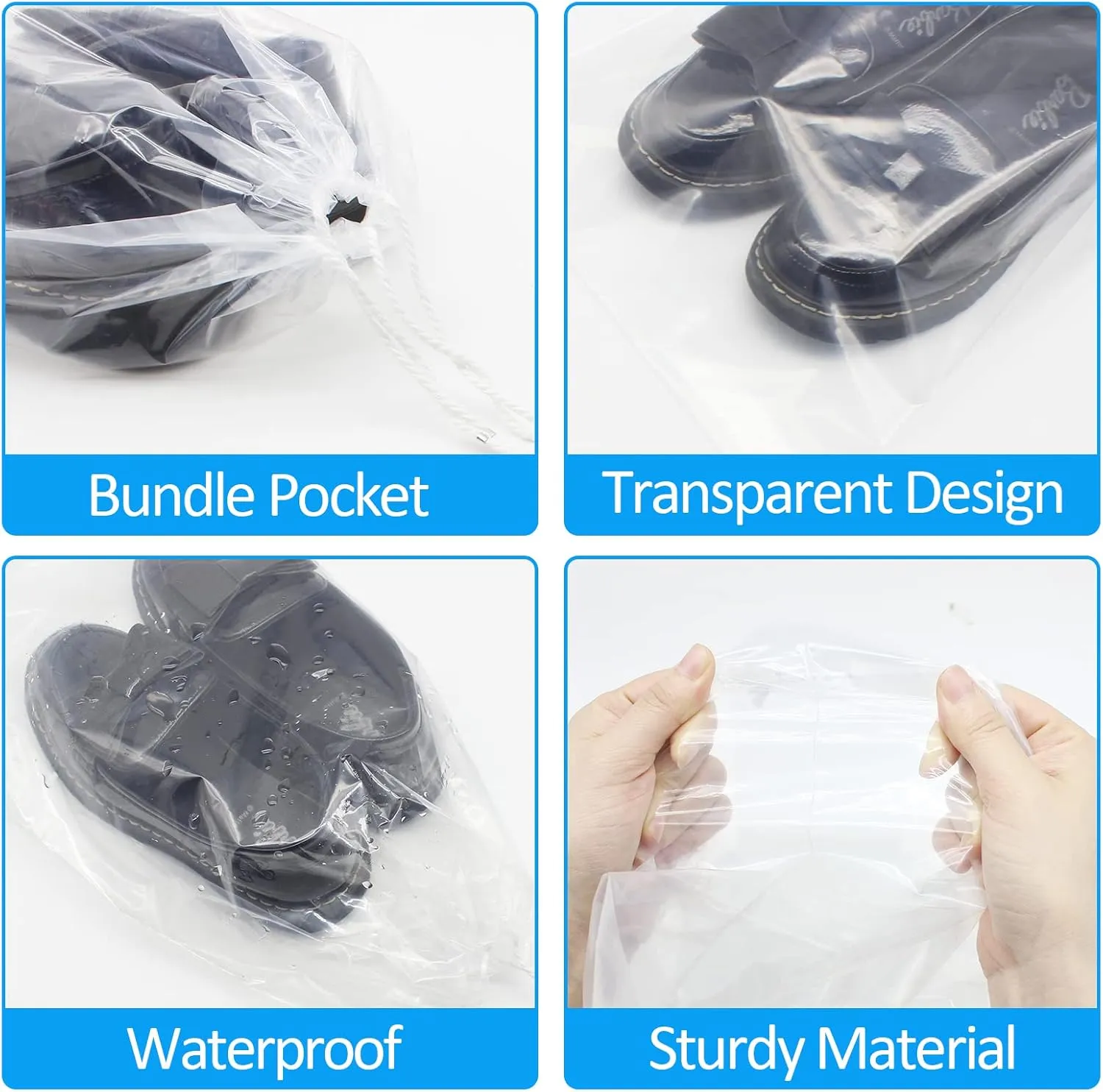 100 Pack 10x14 inch Transparent Shoe Bags for Travel Clear Shoes Storage Organizers Pouch with Cotton Draw Strings Shoe Dust Bags