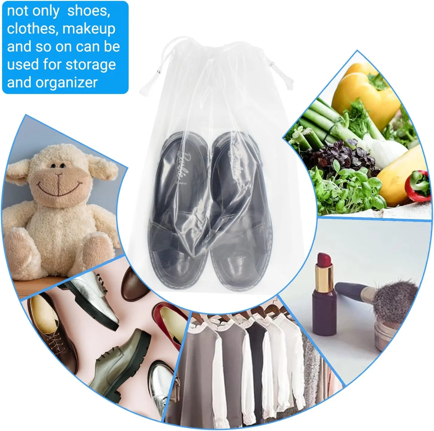 100 Pack 10x14 inch Transparent Shoe Bags for Travel Clear Shoes Storage Organizers Pouch with Cotton Draw Strings Shoe Dust Bags