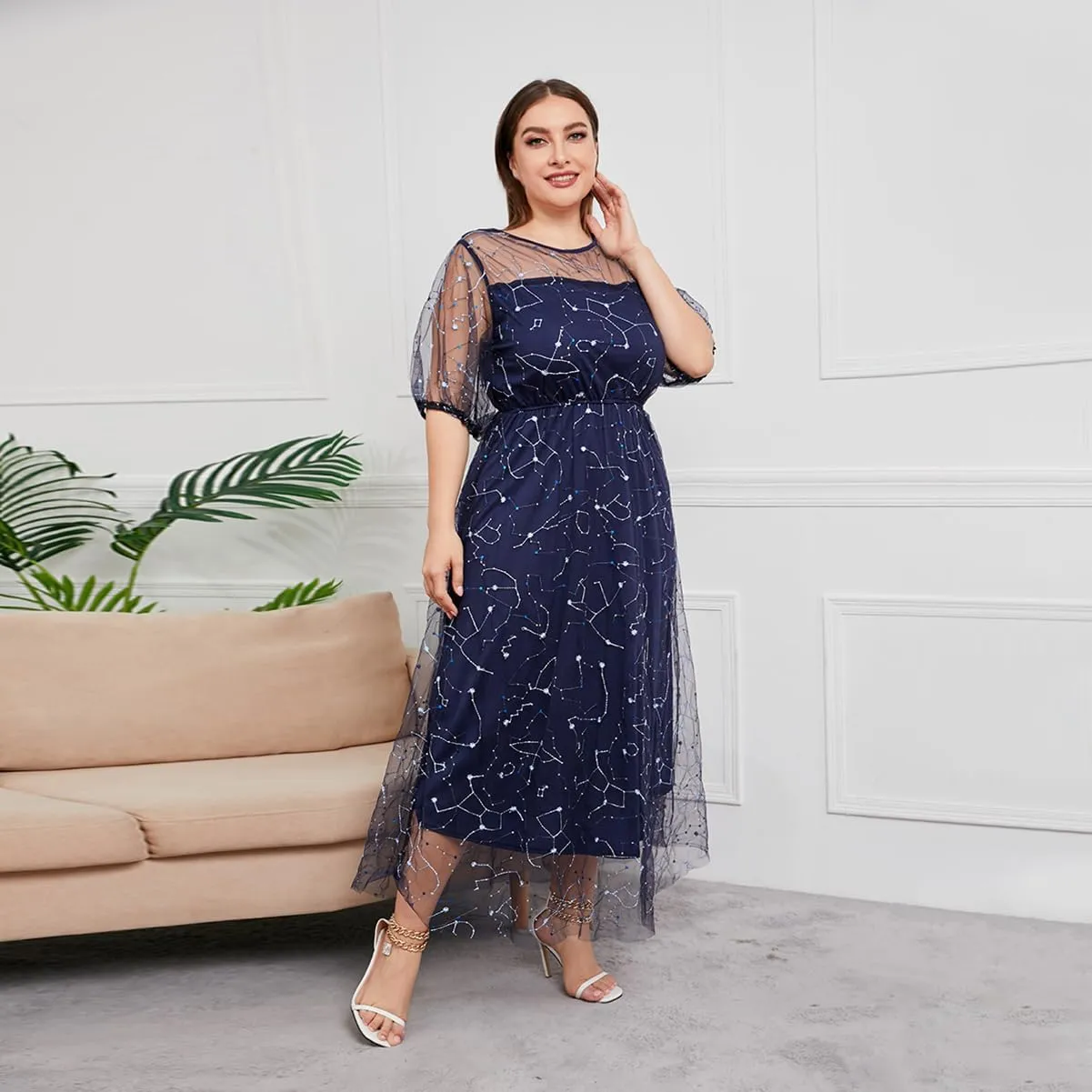 1/2 Sleeve Floral Embroidery Dress for Women Plus Size Embroidered Tulle Dress Mesh Wedding Guest Cocktail Party Long Dress