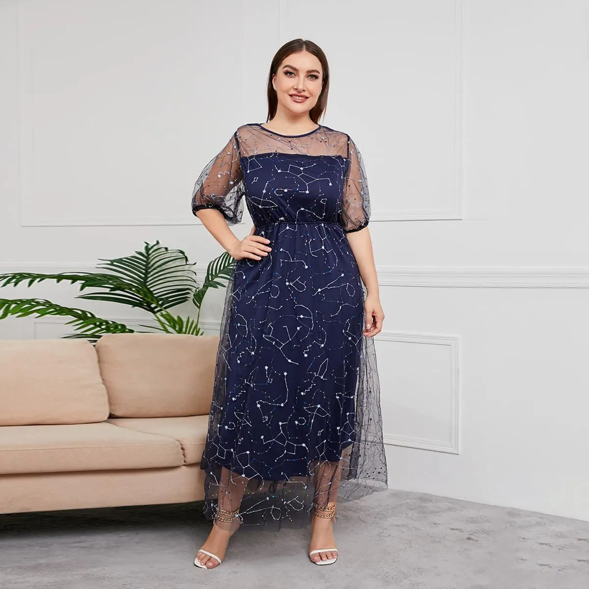 1/2 Sleeve Floral Embroidery Dress for Women Plus Size Embroidered Tulle Dress Mesh Wedding Guest Cocktail Party Long Dress