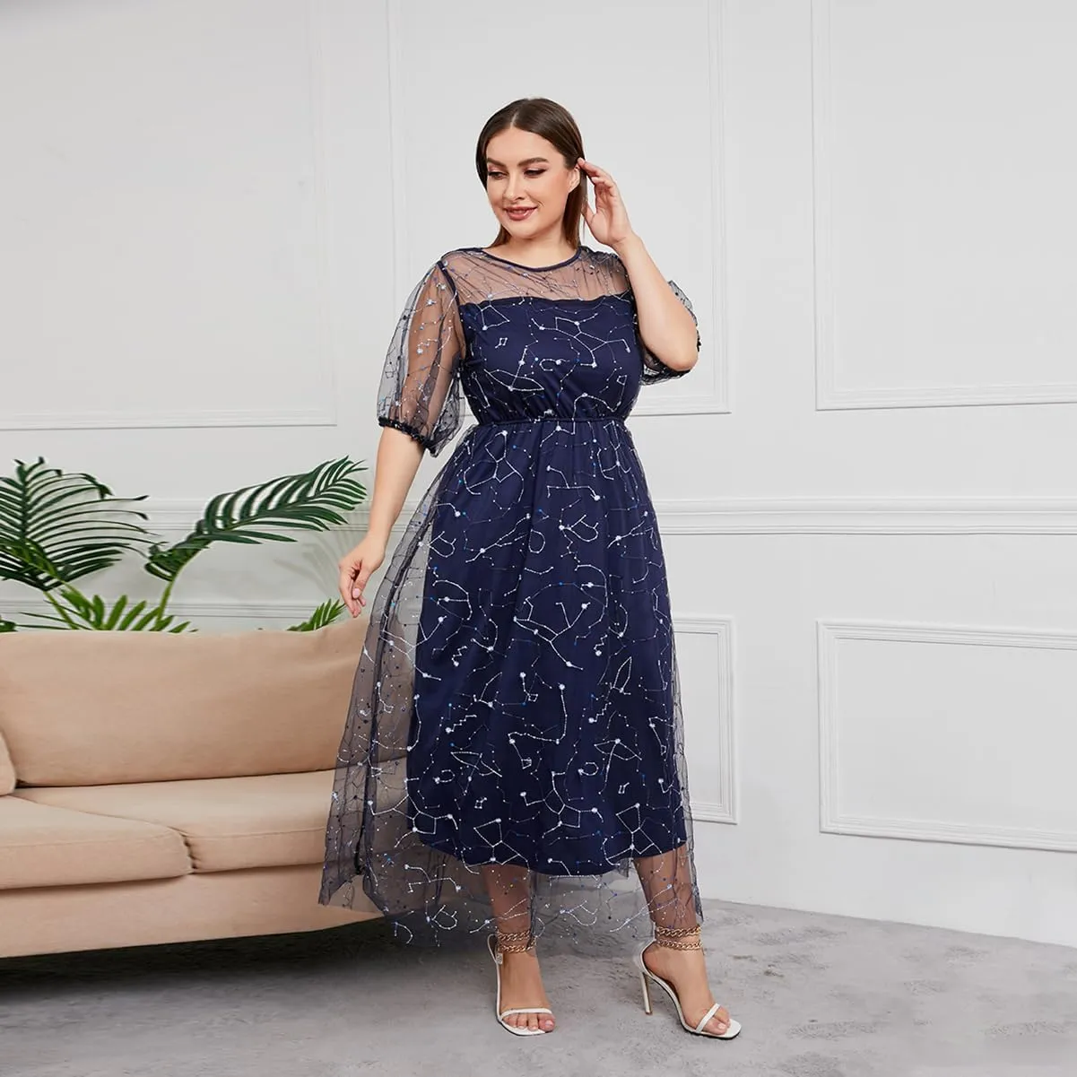 1/2 Sleeve Floral Embroidery Dress for Women Plus Size Embroidered Tulle Dress Mesh Wedding Guest Cocktail Party Long Dress