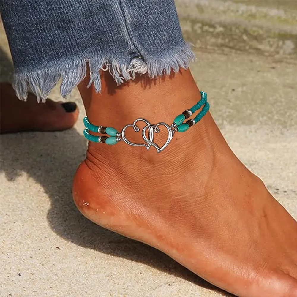 2PCS Beaded Anklets for Women with Silver Double Heart Stretch Elastic Ankle Bracelets for Women Summer Boho Jewelry