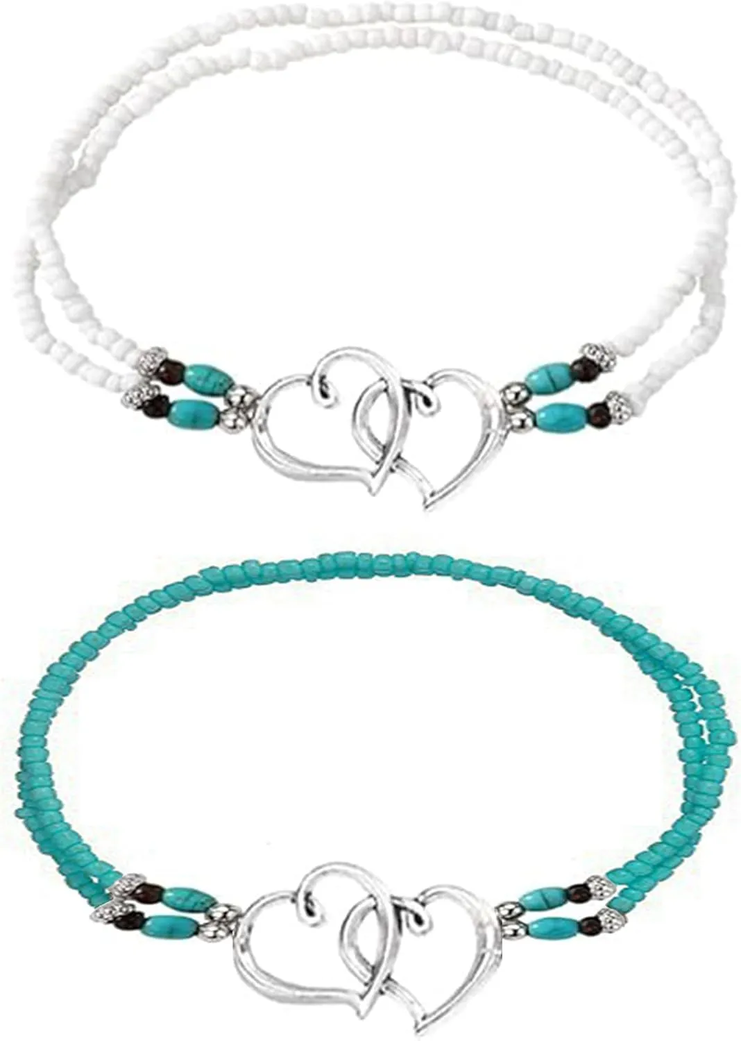 2PCS Beaded Anklets for Women with Silver Double Heart Stretch Elastic Ankle Bracelets for Women Summer Boho Jewelry
