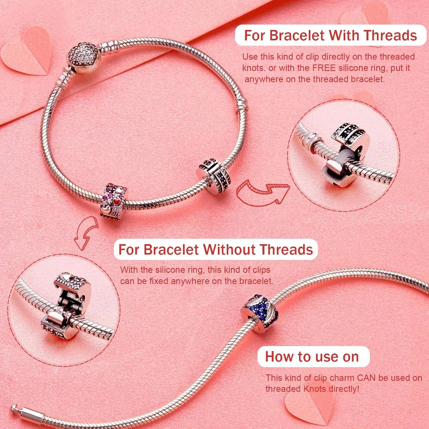2Pcs Clip Charms for Bracelets 925 Sterling Silver with Cubic Zirconia Shell Pink Pav Family Always Stopper Birthday Christmas Jewelry Gifts for Women