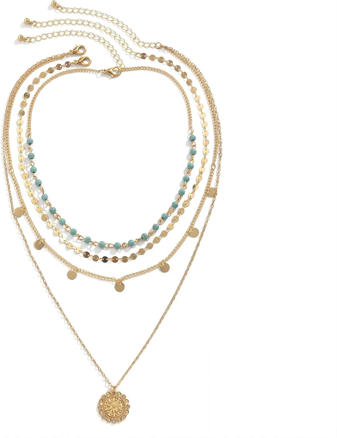 3 Pcs Gold Layered Turquoise Necklace for Women Summer Bohemian Layered Stacked Choker Necklace Glitter Tassel Necklaces Western Necklaces For Country Concert Beach Jewelry