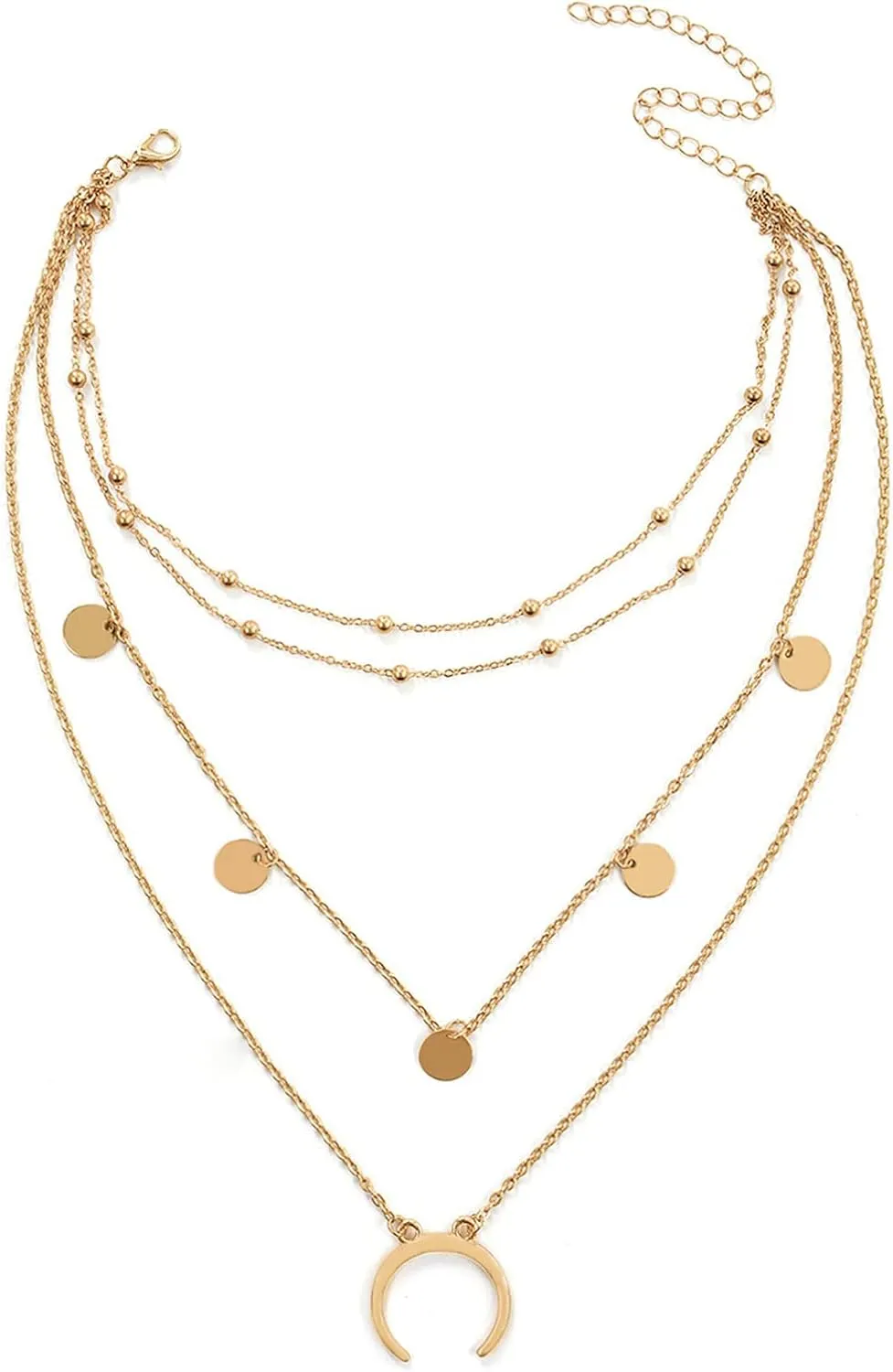 4 Layered Womens Fashion Necklace, Moon Gold Layered Necklaces