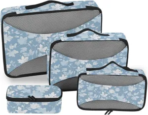 4 Pcs set organizer for travel Mesh Travel Essentials White Leaves Light Blue lightweight cubes for diaper bag