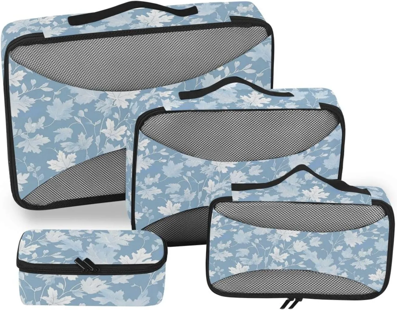 4 Pcs set organizer for travel Mesh Travel Essentials White Leaves Light Blue lightweight cubes for diaper bag