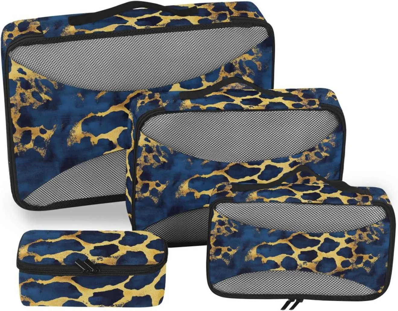 4 Pcs set travel organizer bags Mesh Travel Essentials Blue and Gold Leopard Print expandable packing cubes for diaper