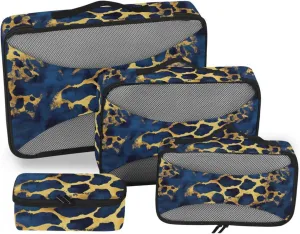 4 Pcs set travel organizer bags Mesh Travel Essentials Blue and Gold Leopard Print expandable packing cubes for diaper