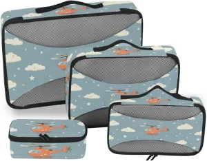 4 Pcs set travel organizer bags Mesh Travel Essentials Helicopter and Stars Cloud Silver lightweight cubes for diaper bag