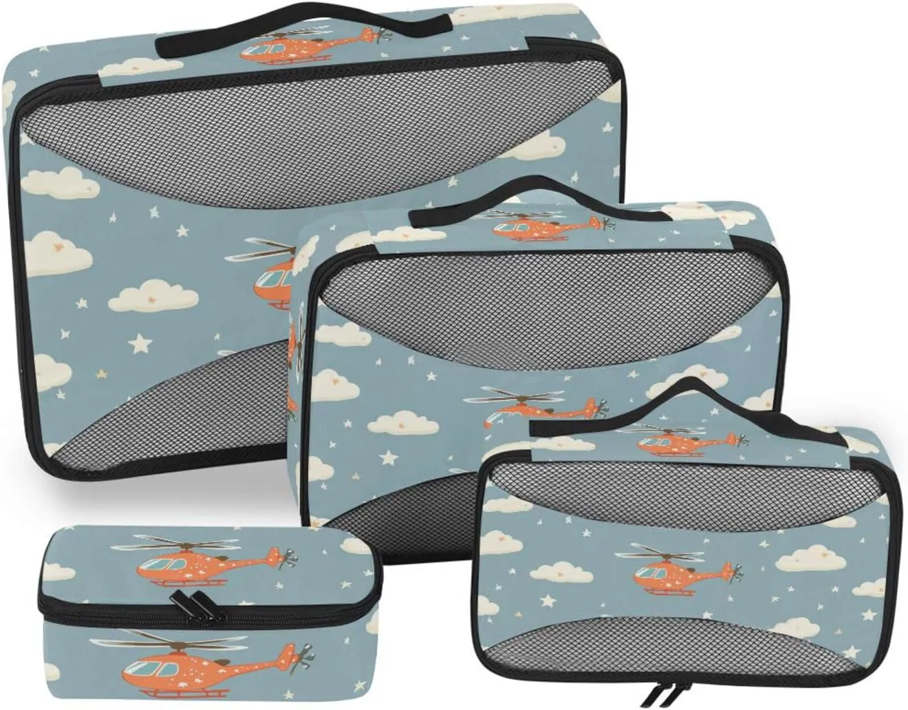 4 Pcs set travel organizer bags Mesh Travel Essentials Helicopter and Stars Cloud Silver lightweight cubes for diaper bag