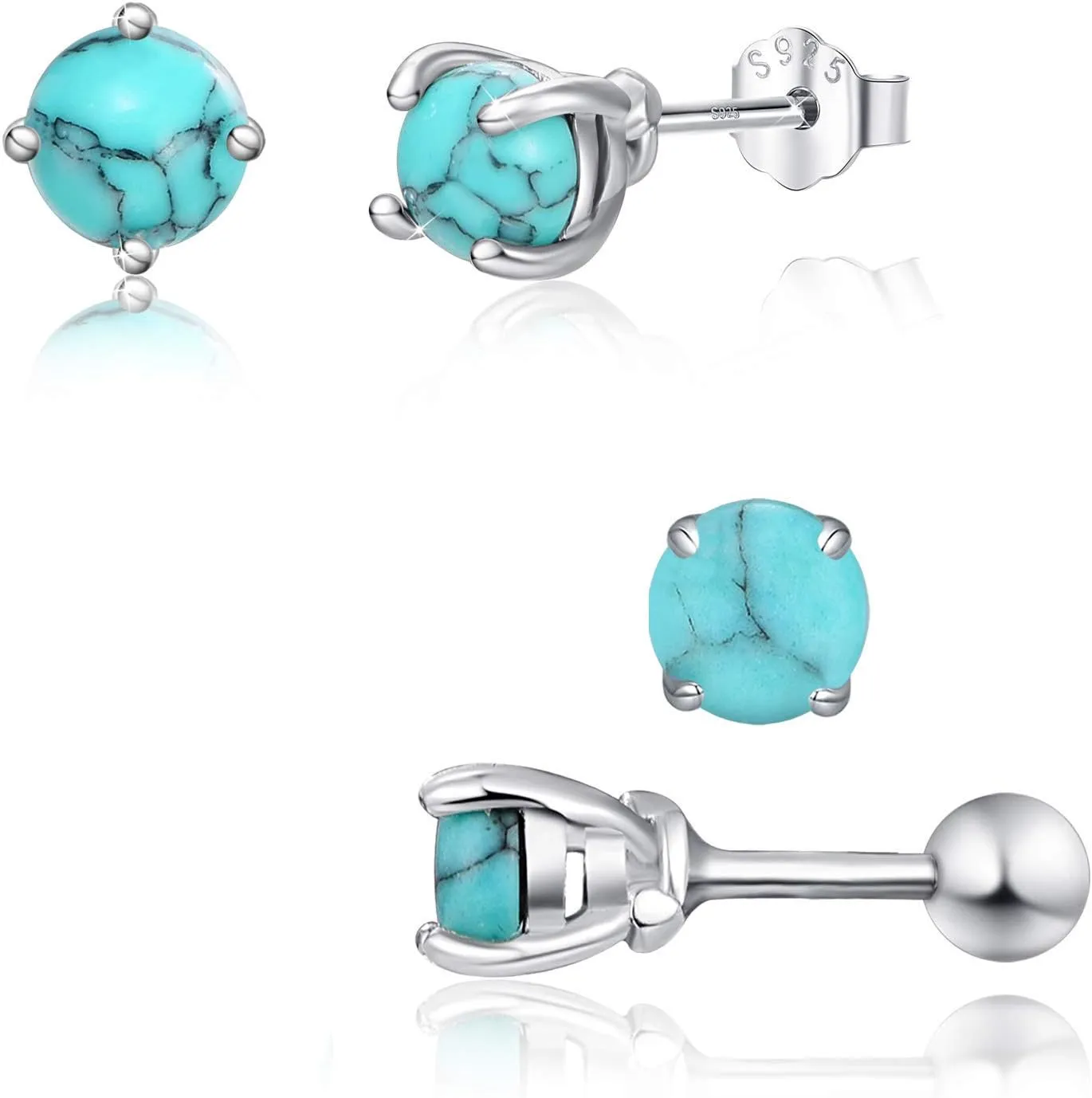 4mm Tiny Turquoise Studs Earrings, Turquoise Post and Screwback Hypoallergenic Studs for Sensitive Ears. Turquoise Jewelry Mother Day Gift for Women with Gift Box