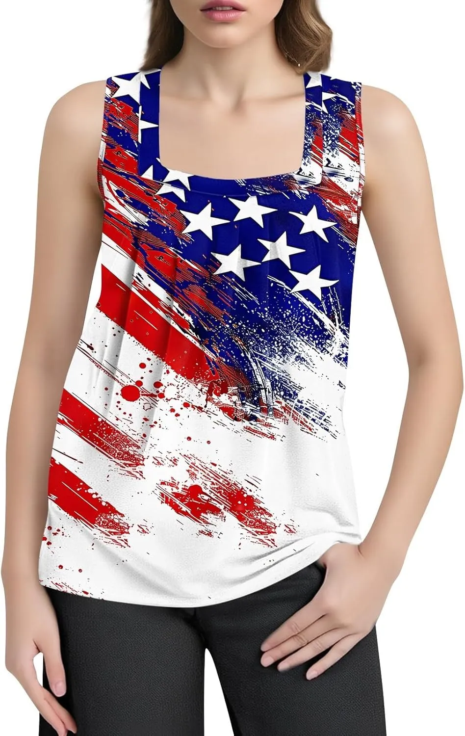 4th of July Summer Womens Tank Tops Ruffled Square Neck Star Flag Print Shirts Casual Loose Sleeveless Cami Top