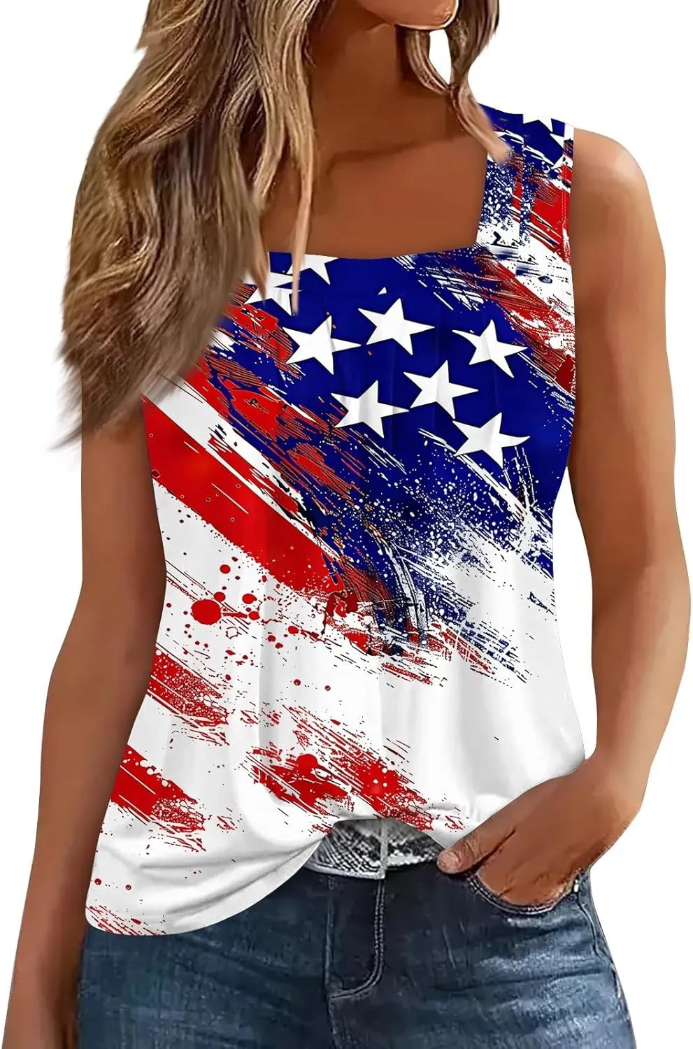 4th of July Summer Womens Tank Tops Ruffled Square Neck Star Flag Print Shirts Casual Loose Sleeveless Cami Top