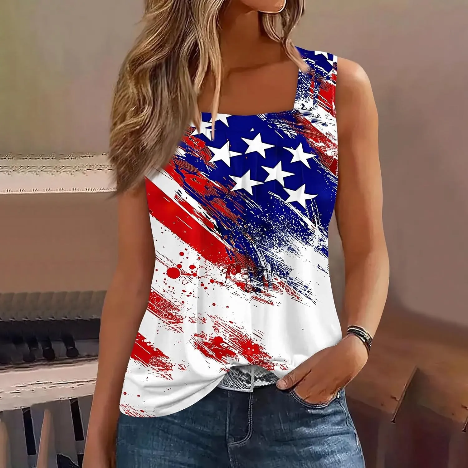4th of July Summer Womens Tank Tops Ruffled Square Neck Star Flag Print Shirts Casual Loose Sleeveless Cami Top