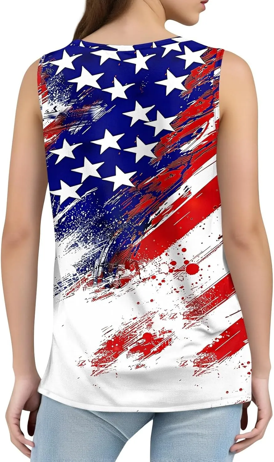 4th of July Summer Womens Tank Tops Ruffled Square Neck Star Flag Print Shirts Casual Loose Sleeveless Cami Top