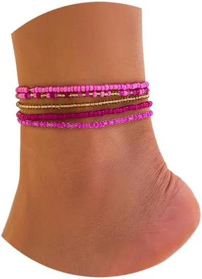 5Pcs Summer Beach Bead Anklet Bracelet,Multi-layered Pearl Anklets,Bikini Foot Chain Bracelet Wedding Bridal Adjustable Leg Bracelet Jewelry for Women Girls