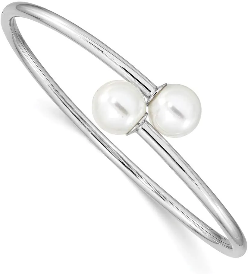 925 Sterling Silver 10-11mm White Imitation Shell Pearl Bangle Cuff Bracelet 7"