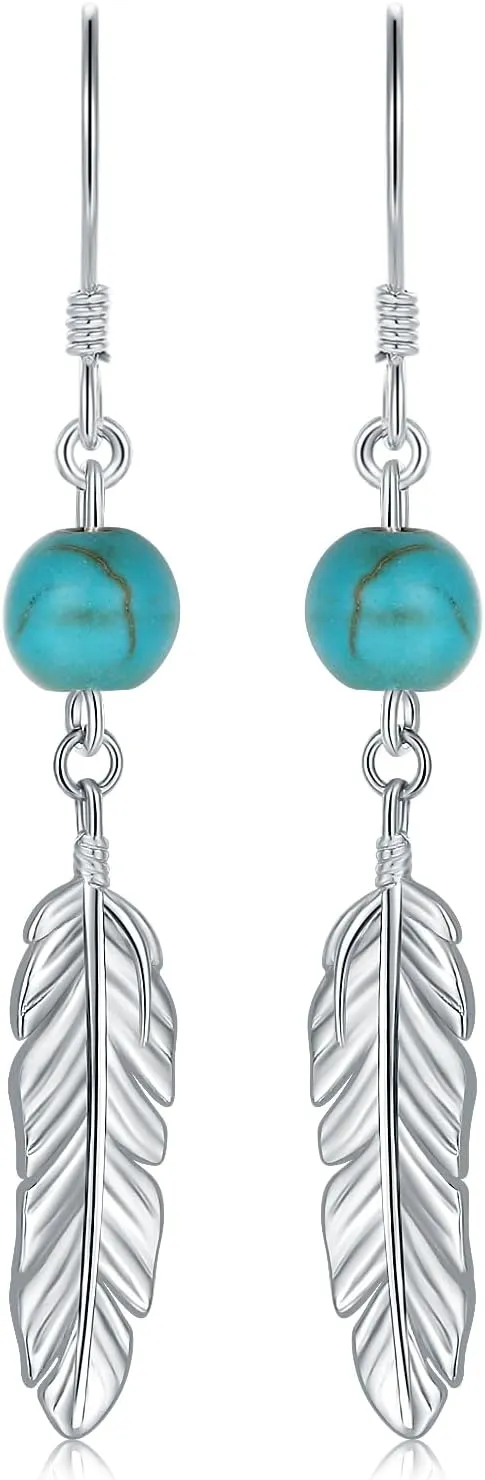 925 Sterling Silver Turquoise Stone Feather Dangle Earrings for Women Hypoallergenic Western Style Cowgirl Feather Drop Earrings Vintage Eagle Feather Drop Earings