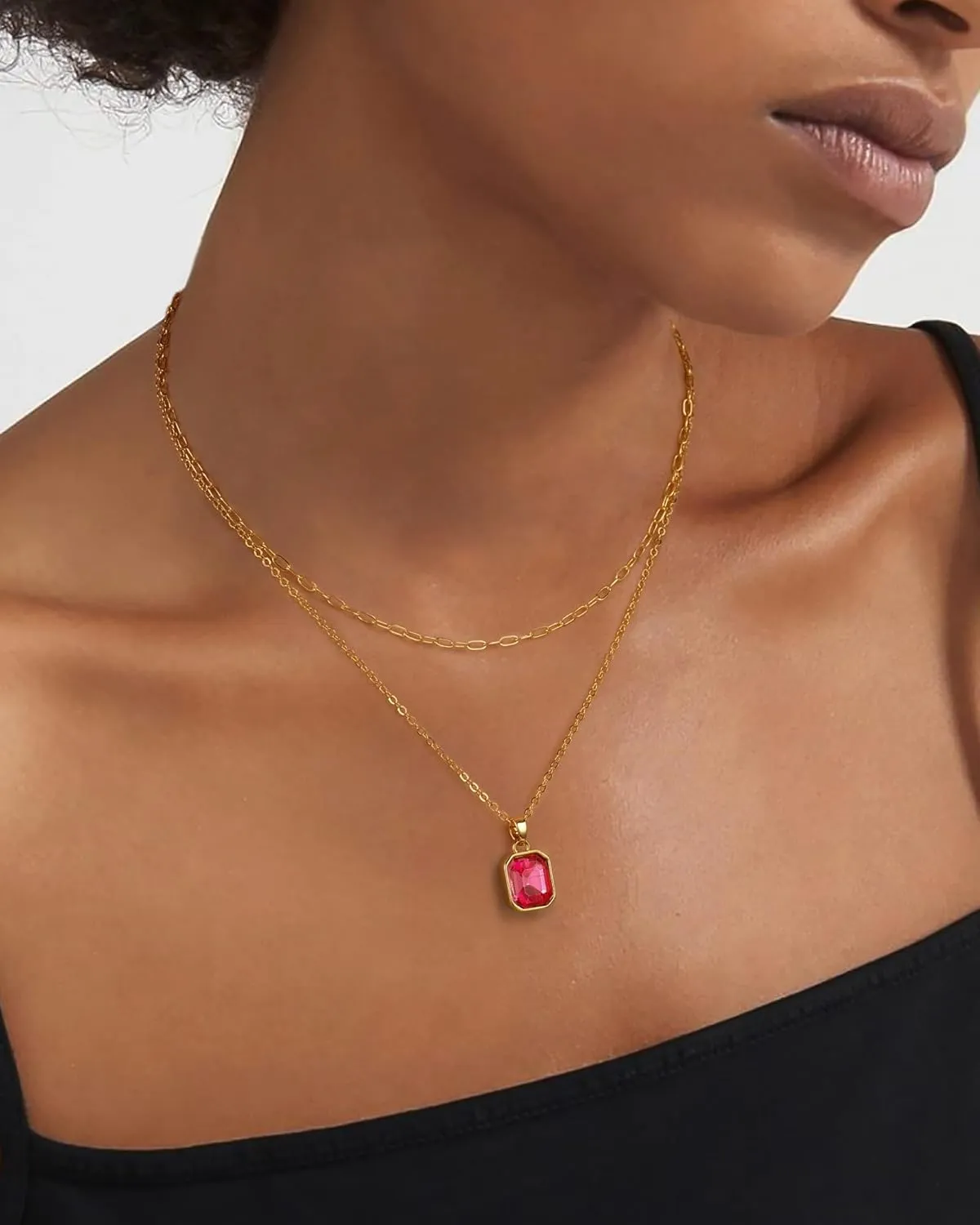 ACECHA Gold Layered Necklaces for Women, 18k Gold Plated Paperclip Chain Choker Necklace with Rectangle Crystal Birthstone Pendant Dainty Emerald Green Jewelry Gifts