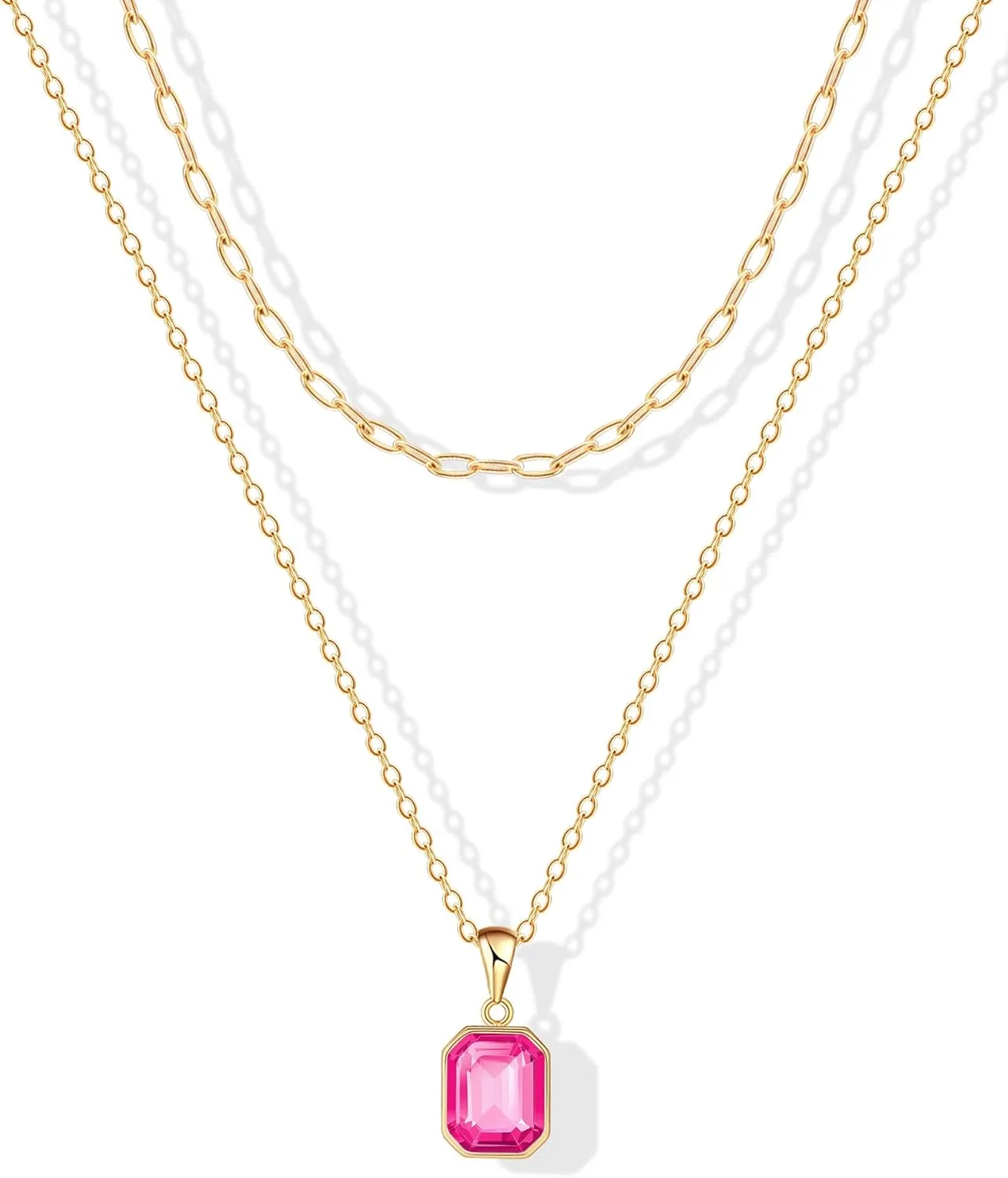 ACECHA Gold Layered Necklaces for Women, 18k Gold Plated Paperclip Chain Choker Necklace with Rectangle Crystal Birthstone Pendant Dainty Emerald Green Jewelry Gifts