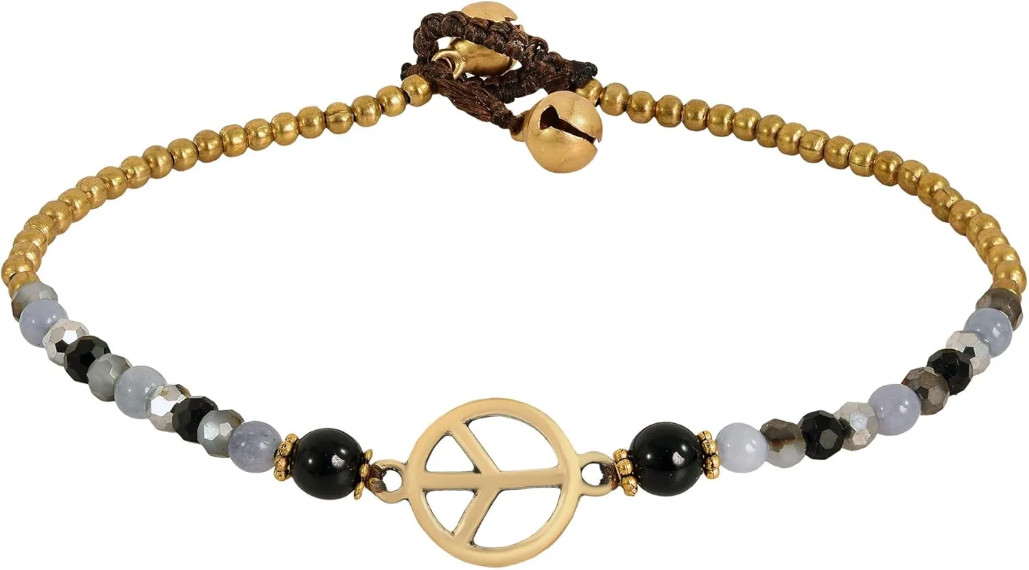 AeraVida Vintage Peace Sign with Simulated Black Onyx-Simulated Quartz & Fashion Brass Beads Link Anklet | Handmade Brass Bead Bell Anklets | Beaded Anklets For Women | Women Anklet