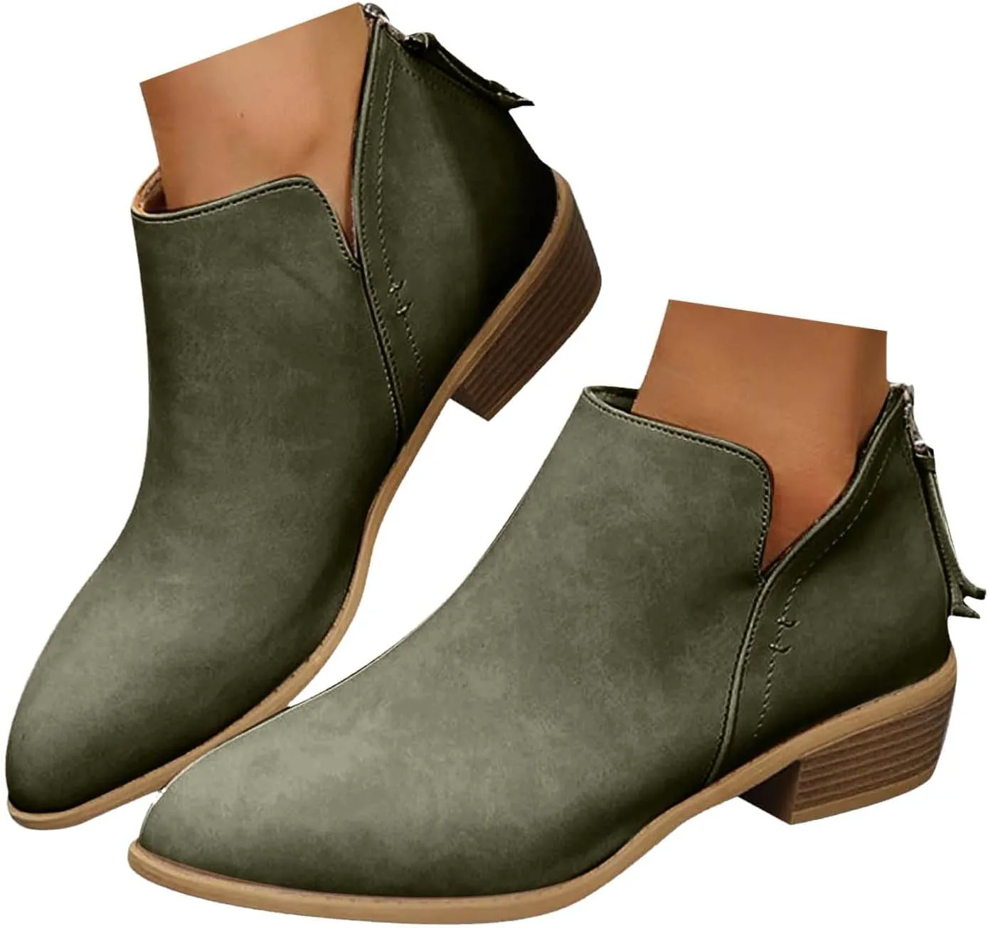 Ankle Boots for Women Low Heel Chunky Heel Boots Women's Fashion Color Matching Fall Winter Side Zipper Short Boots