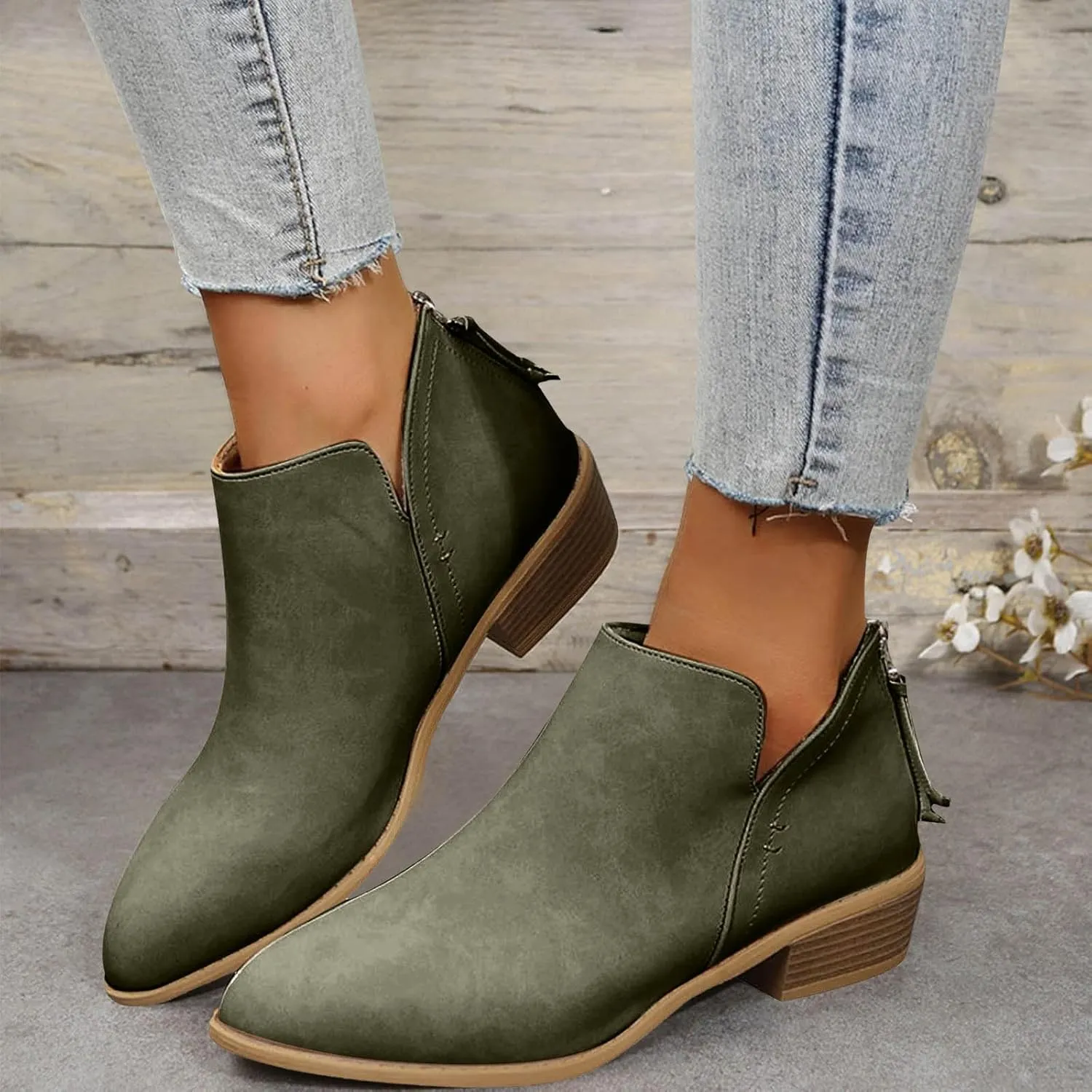 Ankle Boots for Women Low Heel Chunky Heel Boots Women's Fashion Color Matching Fall Winter Side Zipper Short Boots