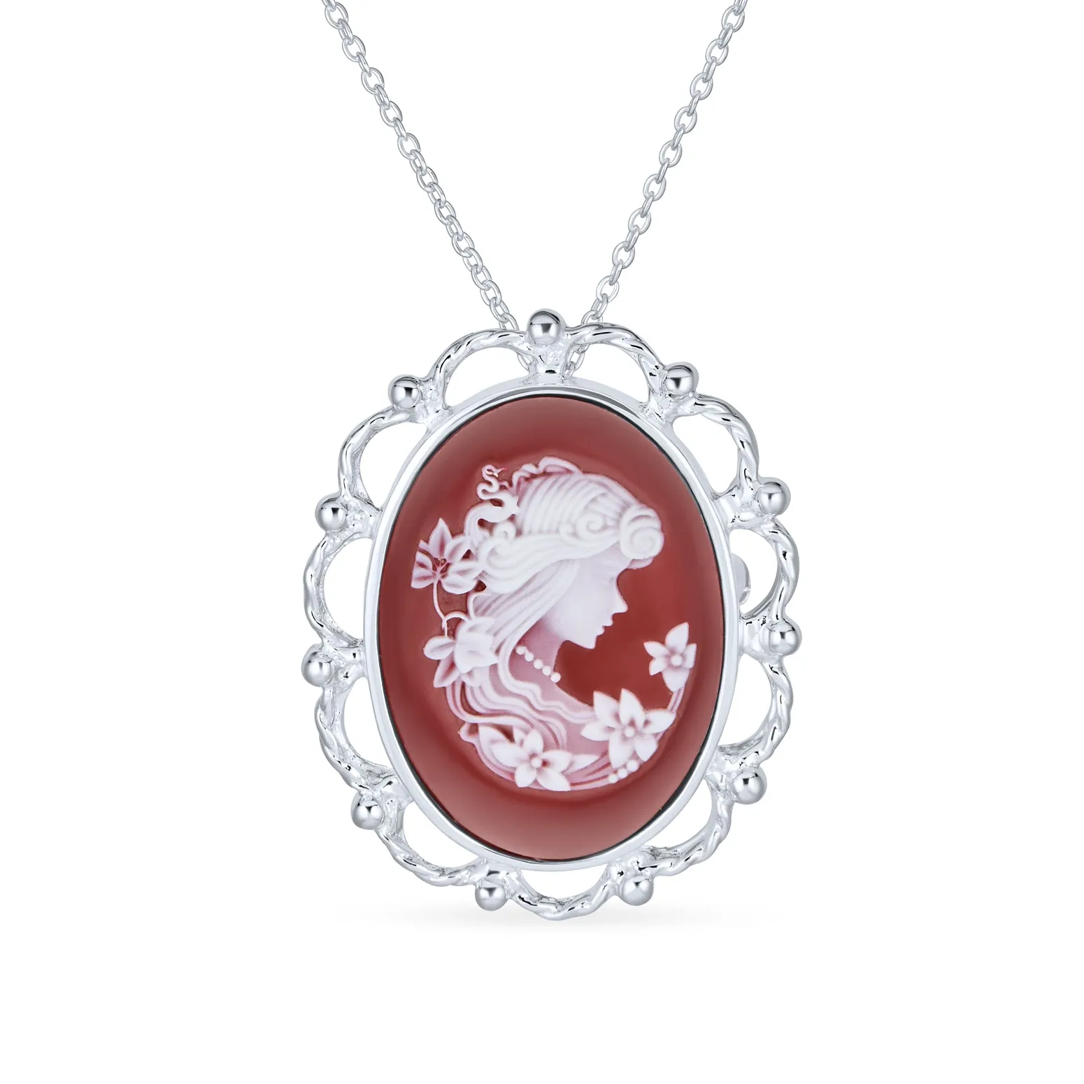 Antique Style Victorian Lady Portrait Cameo Pendant Necklace Sterling Silver