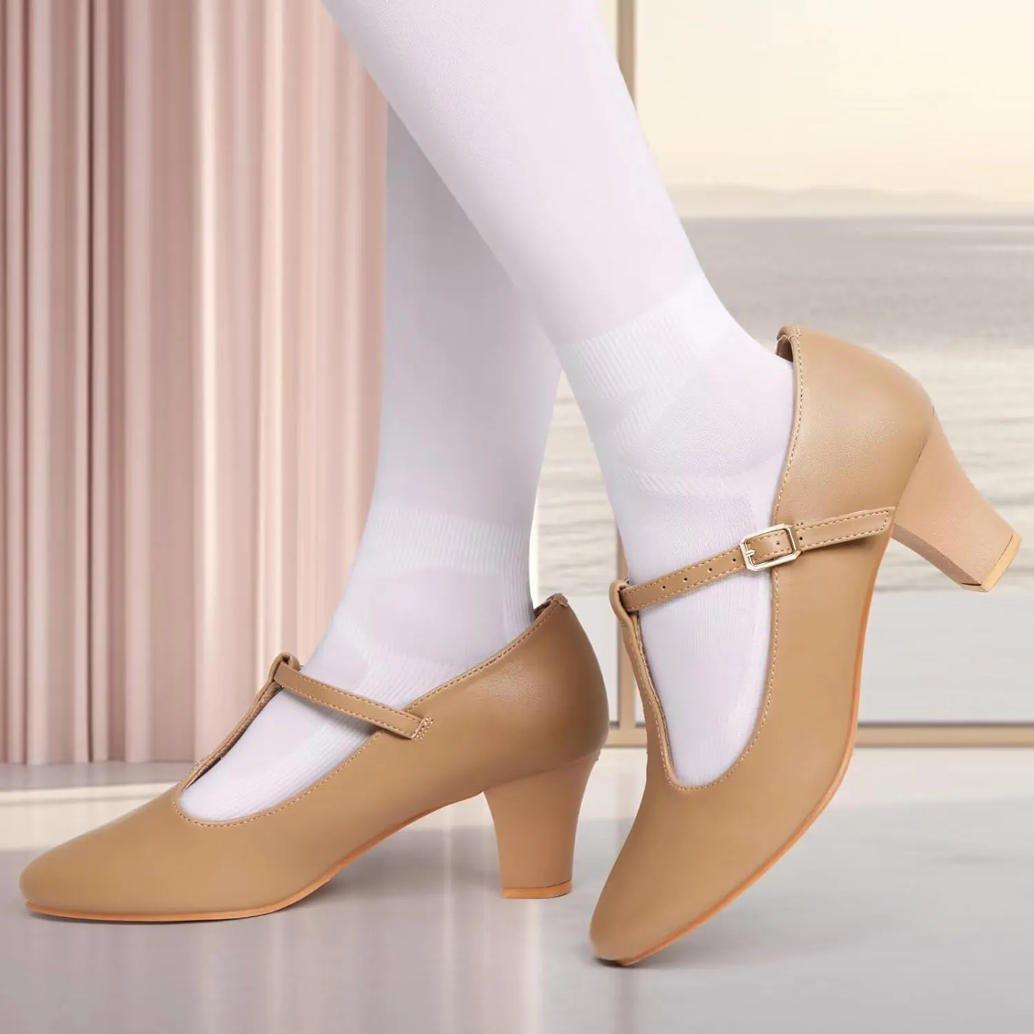 ARCLIBER Character Shoes for Women PU Leather T Strap 2.3" Dance Heels for Ballroom Salsa Tango