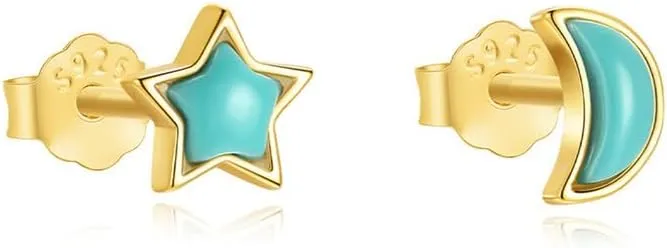 Asymmetry Moon Star Turquoise S925 Sterling Silver Small Stud Earrings for Women Cute 14k Gold Plated Tiny Cartilage Studs Hypoallergenic Piercing Post for Sensitive Ear Fashion Jewery