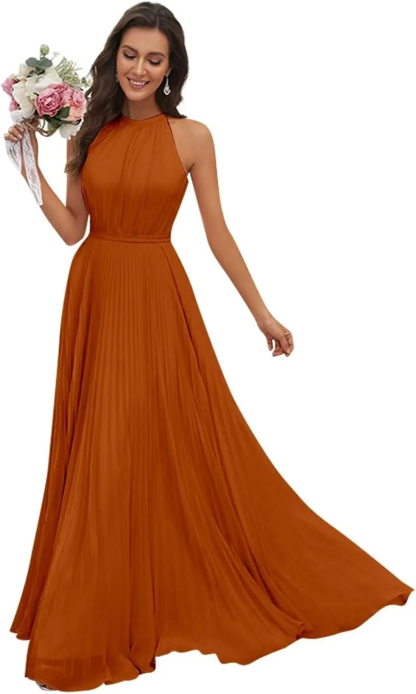 AUMEELAM Halter Bridesmaid Dresses for Women Chiffon Ruched Evening Party Gowns Long Sleeveless Formal Dresses