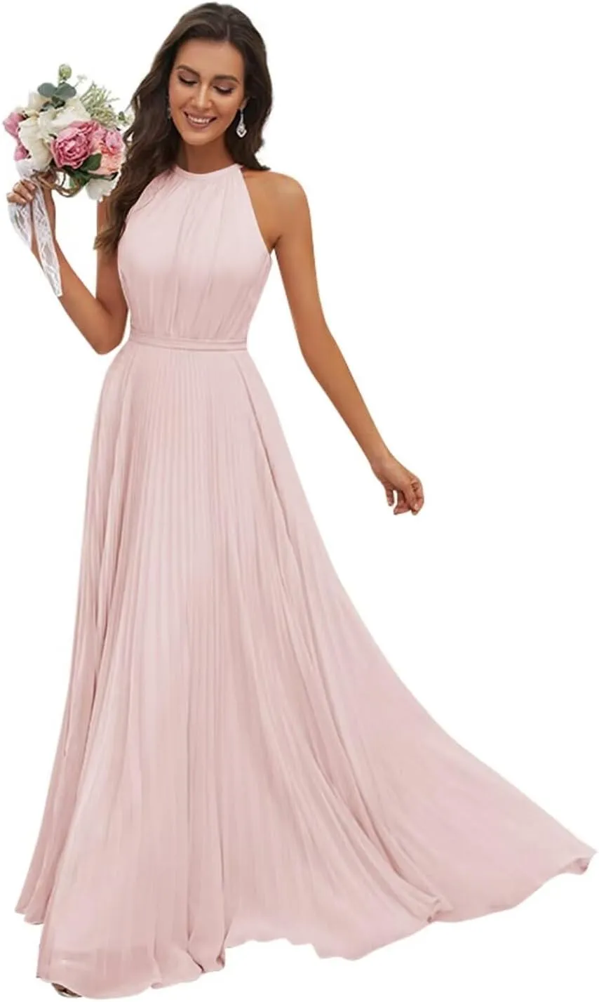 AUMEELAM Halter Bridesmaid Dresses for Women Chiffon Ruched Evening Party Gowns Long Sleeveless Formal Dresses
