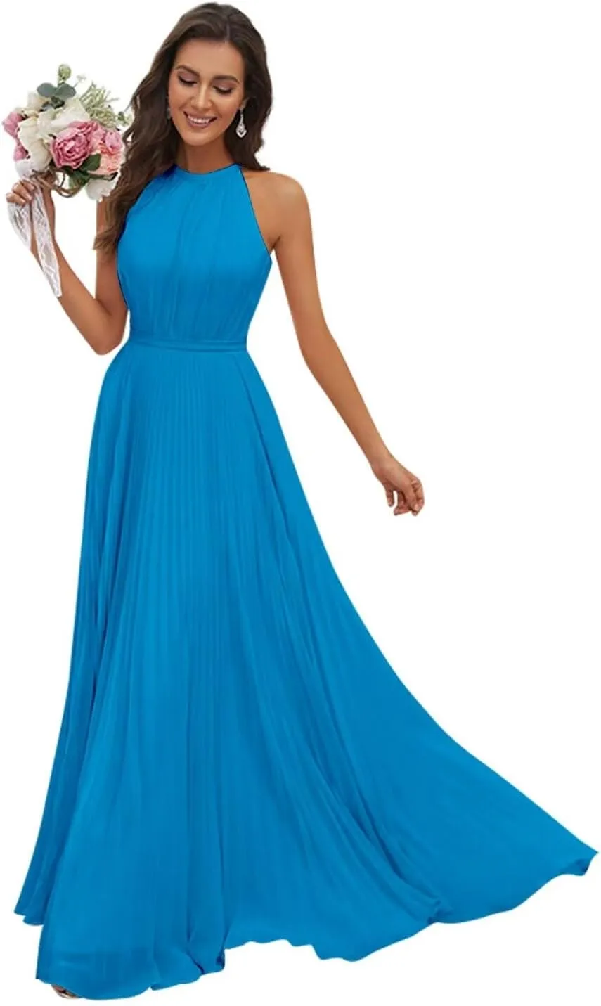AUMEELAM Halter Bridesmaid Dresses for Women Chiffon Ruched Evening Party Gowns Long Sleeveless Formal Dresses