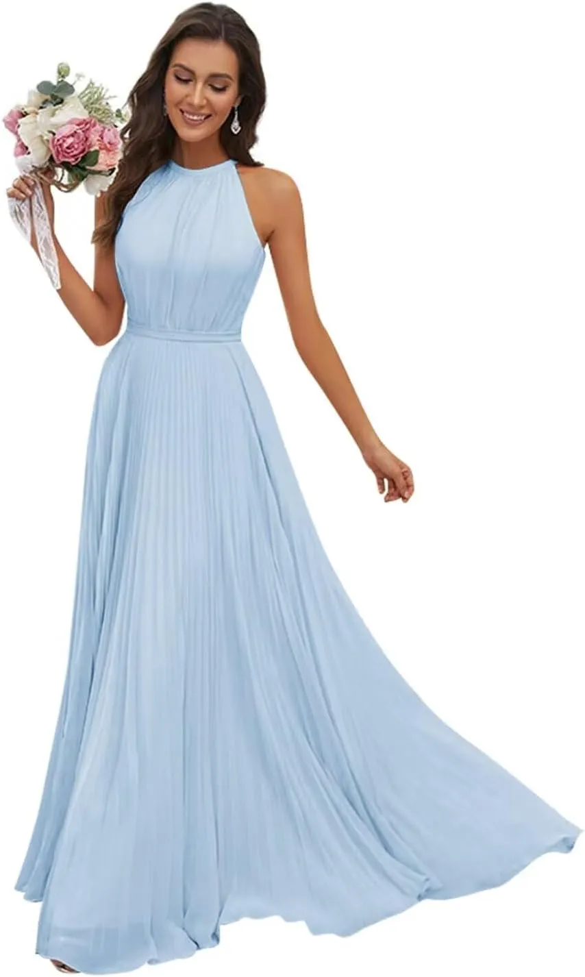AUMEELAM Halter Bridesmaid Dresses for Women Chiffon Ruched Evening Party Gowns Long Sleeveless Formal Dresses