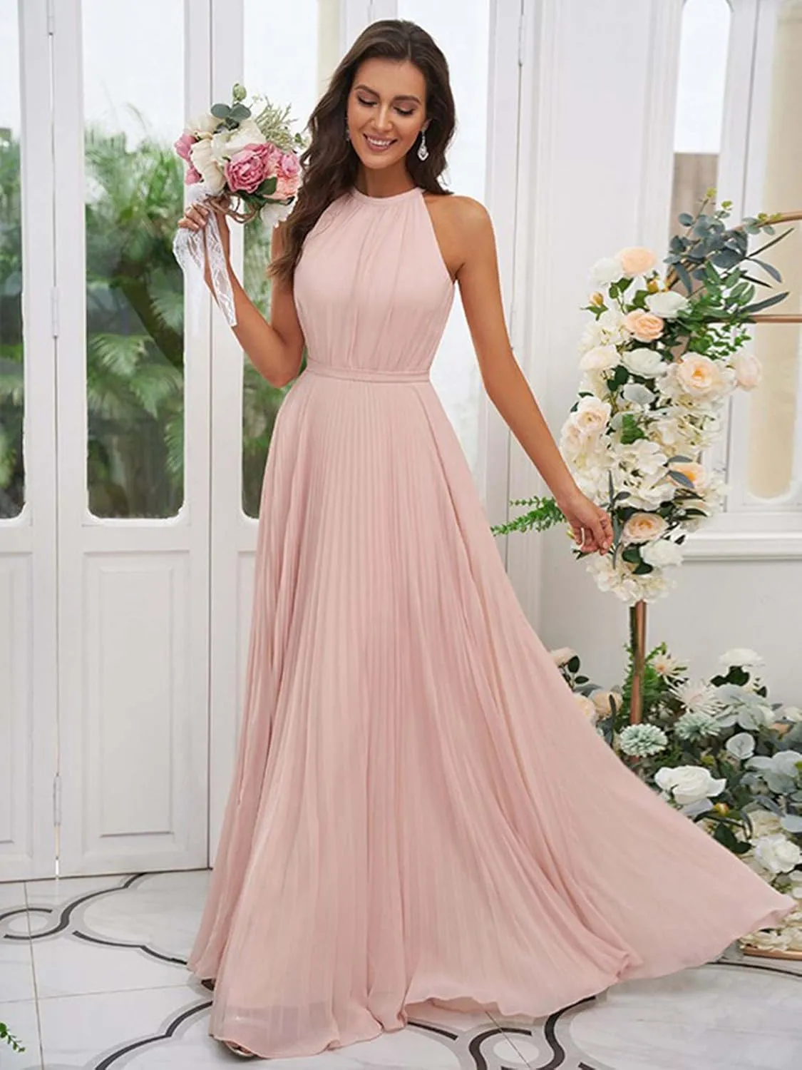 AUMEELAM Halter Bridesmaid Dresses for Women Chiffon Ruched Evening Party Gowns Long Sleeveless Formal Dresses