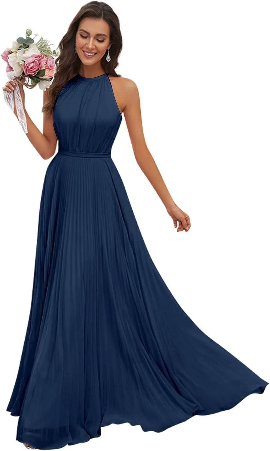 AUMEELAM Halter Bridesmaid Dresses for Women Chiffon Ruched Evening Party Gowns Long Sleeveless Formal Dresses