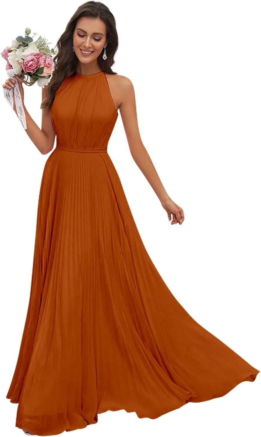 AUMEELAM Halter Bridesmaid Dresses for Women Chiffon Ruched Evening Party Gowns Long Sleeveless Formal Dresses