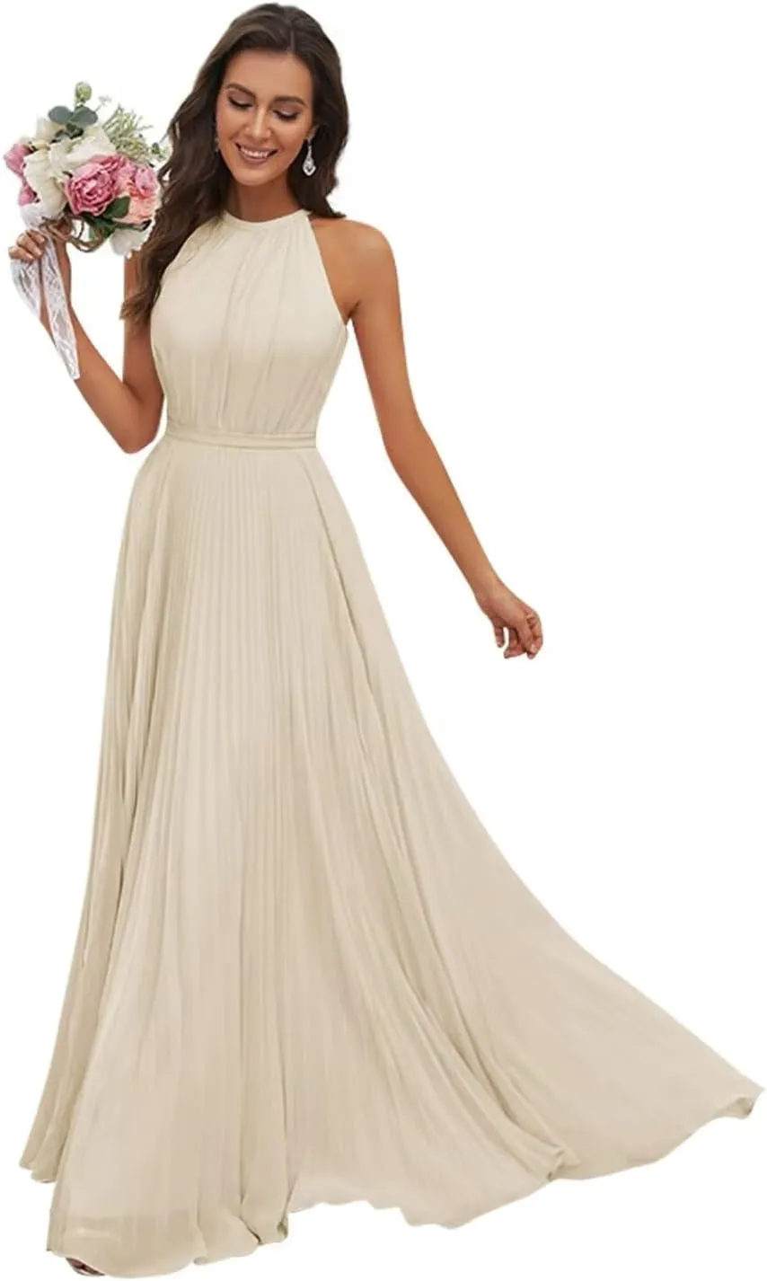 AUMEELAM Halter Bridesmaid Dresses for Women Chiffon Ruched Evening Party Gowns Long Sleeveless Formal Dresses