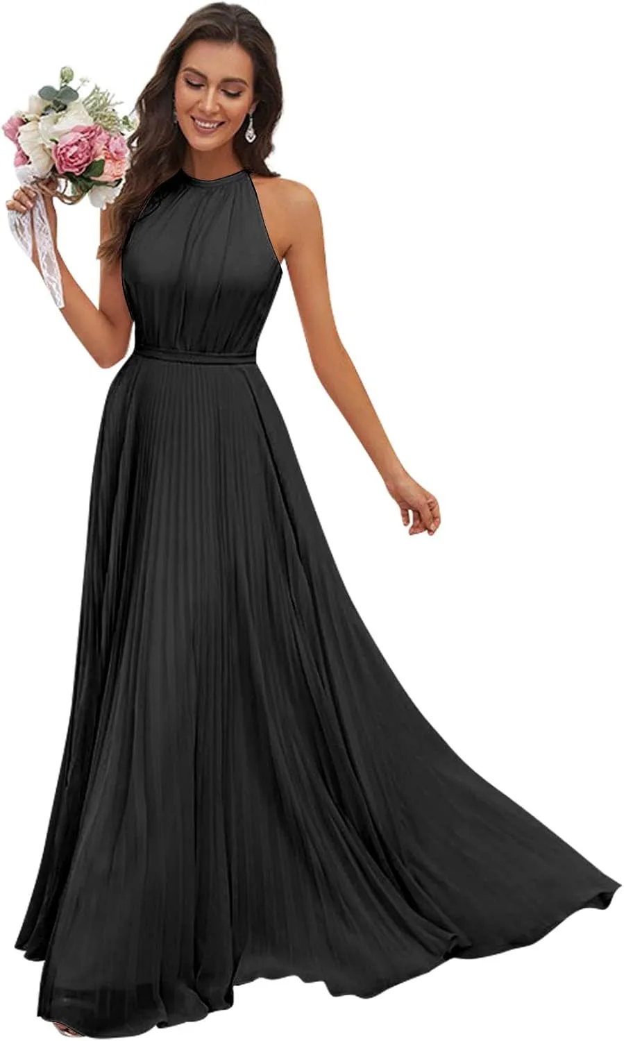 AUMEELAM Halter Bridesmaid Dresses for Women Chiffon Ruched Evening Party Gowns Long Sleeveless Formal Dresses