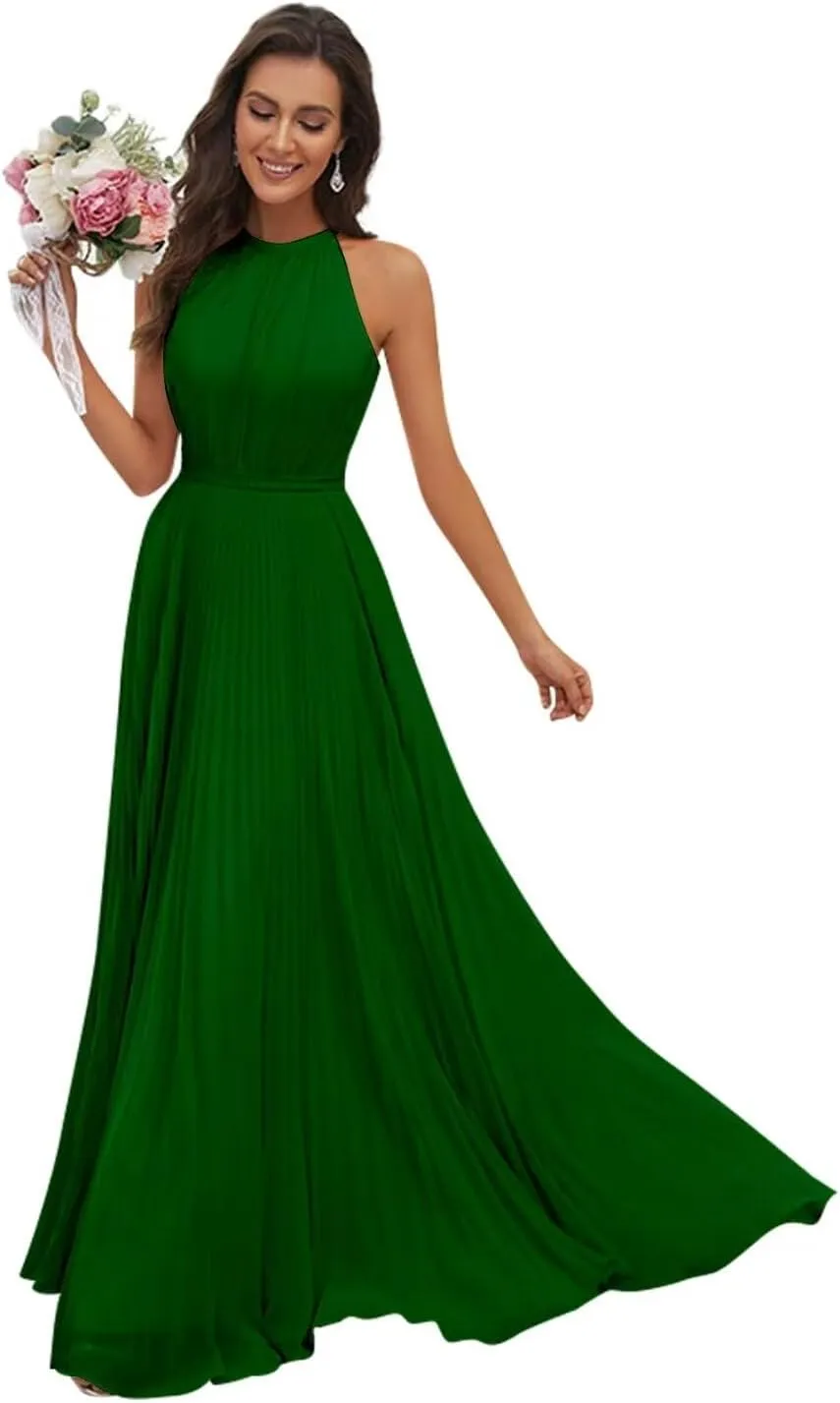 AUMEELAM Halter Bridesmaid Dresses for Women Chiffon Ruched Evening Party Gowns Long Sleeveless Formal Dresses