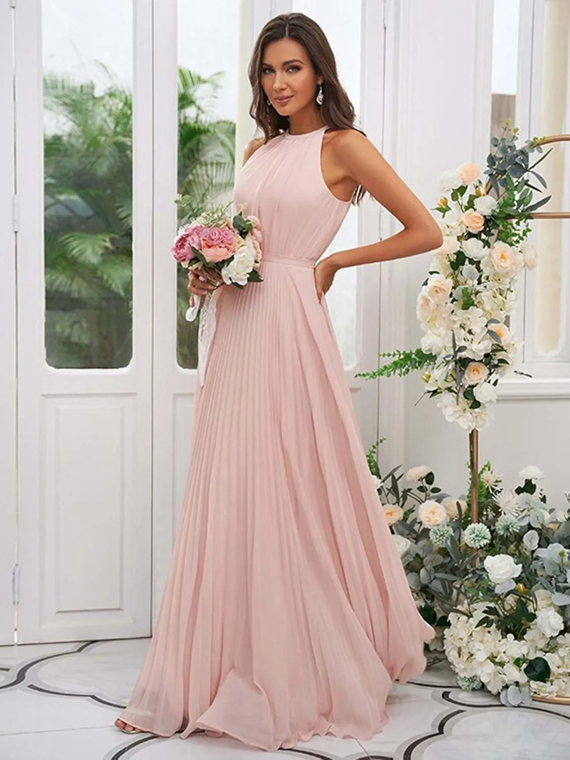 AUMEELAM Halter Bridesmaid Dresses for Women Chiffon Ruched Evening Party Gowns Long Sleeveless Formal Dresses