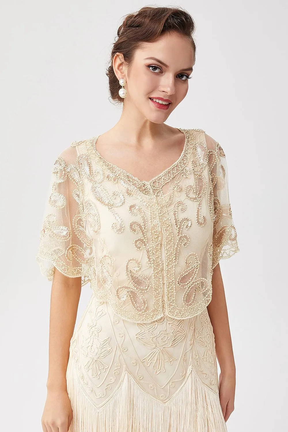 BABEYOND 1920s Shawl Wraps Sequin Beaded Evening Cape Bridal Shawl Bolero Flapper Cover Up