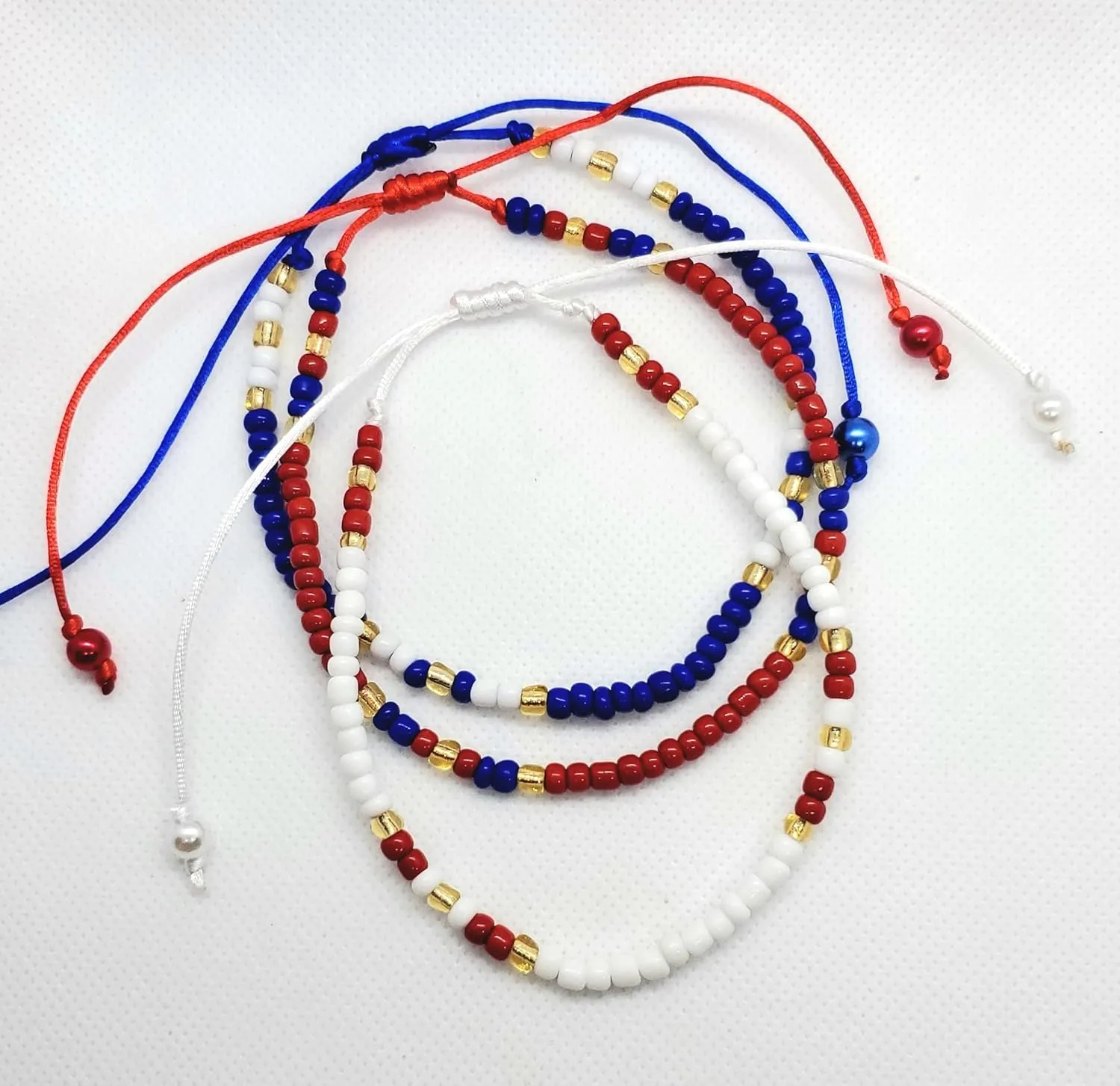 Beach Colorful Bohemian Adjustable Unisex Beaded Foot Anklet Set Handmade in the USA .Flag Inspired (White-Blue-Red)