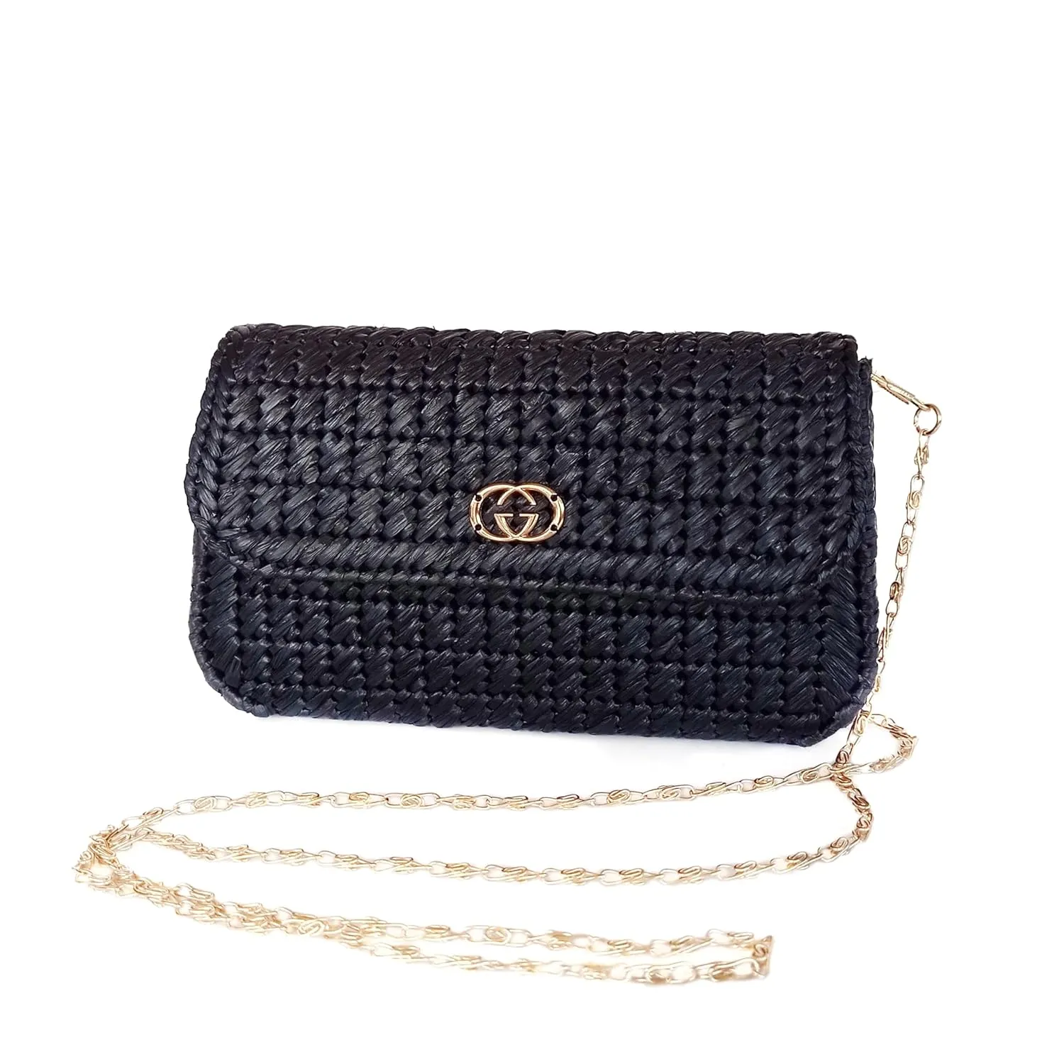 Black Raffia Bag Handmade Clutch Evening Bag for Women Small Purse Crossbody