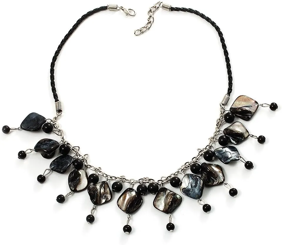 Black Shell Composite Charm Leather Style Necklace (Silver Tone)