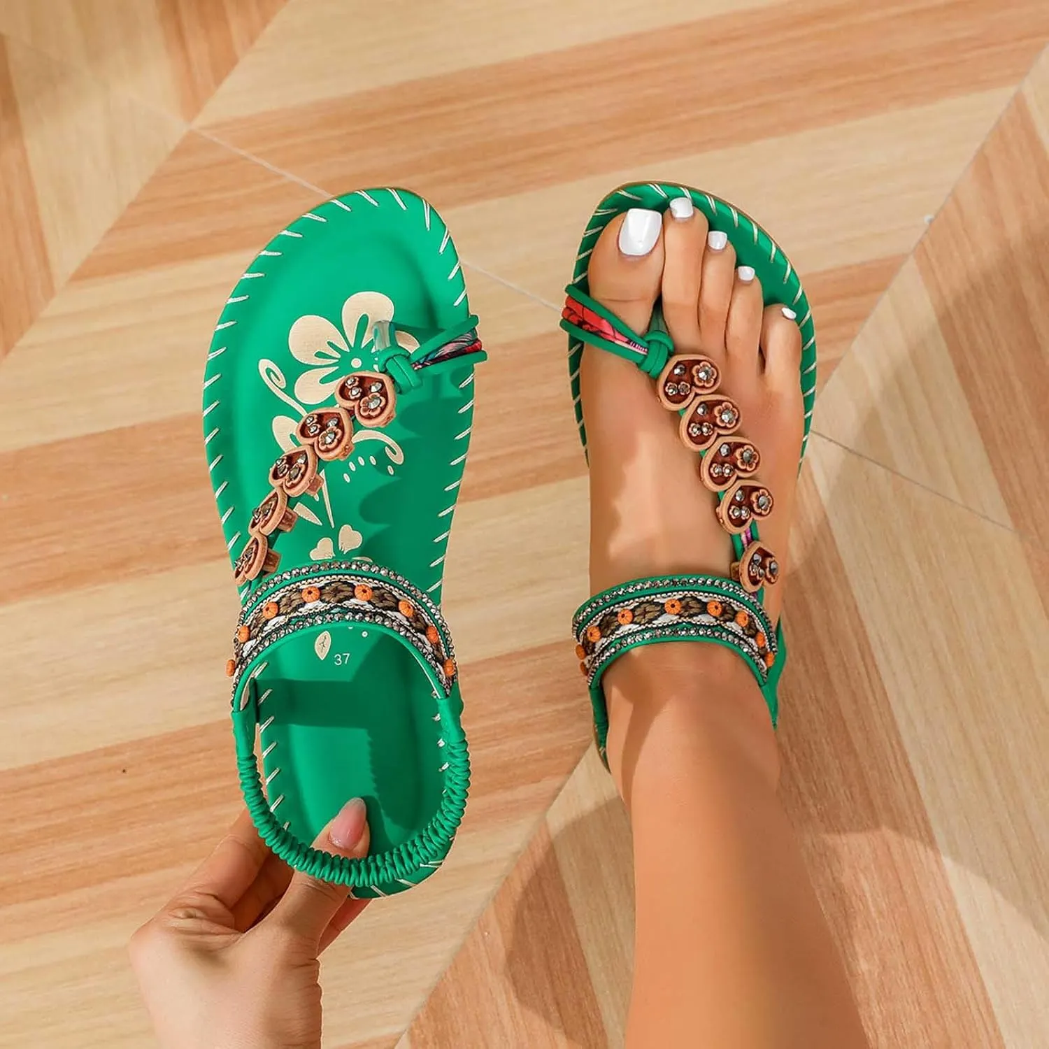 Bohemian T-Strap Flat Sandals Women's Elastic Ankle Wrap Comfort Shoes Summer Thong Sandals with Arch Support, Beach to Wedding