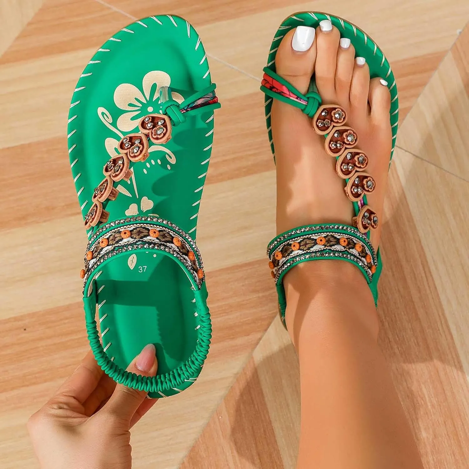 Bohemian T-Strap Flat Sandals Women's Elastic Ankle Wrap Comfort Shoes Summer Thong Sandals with Arch Support, Beach to Wedding