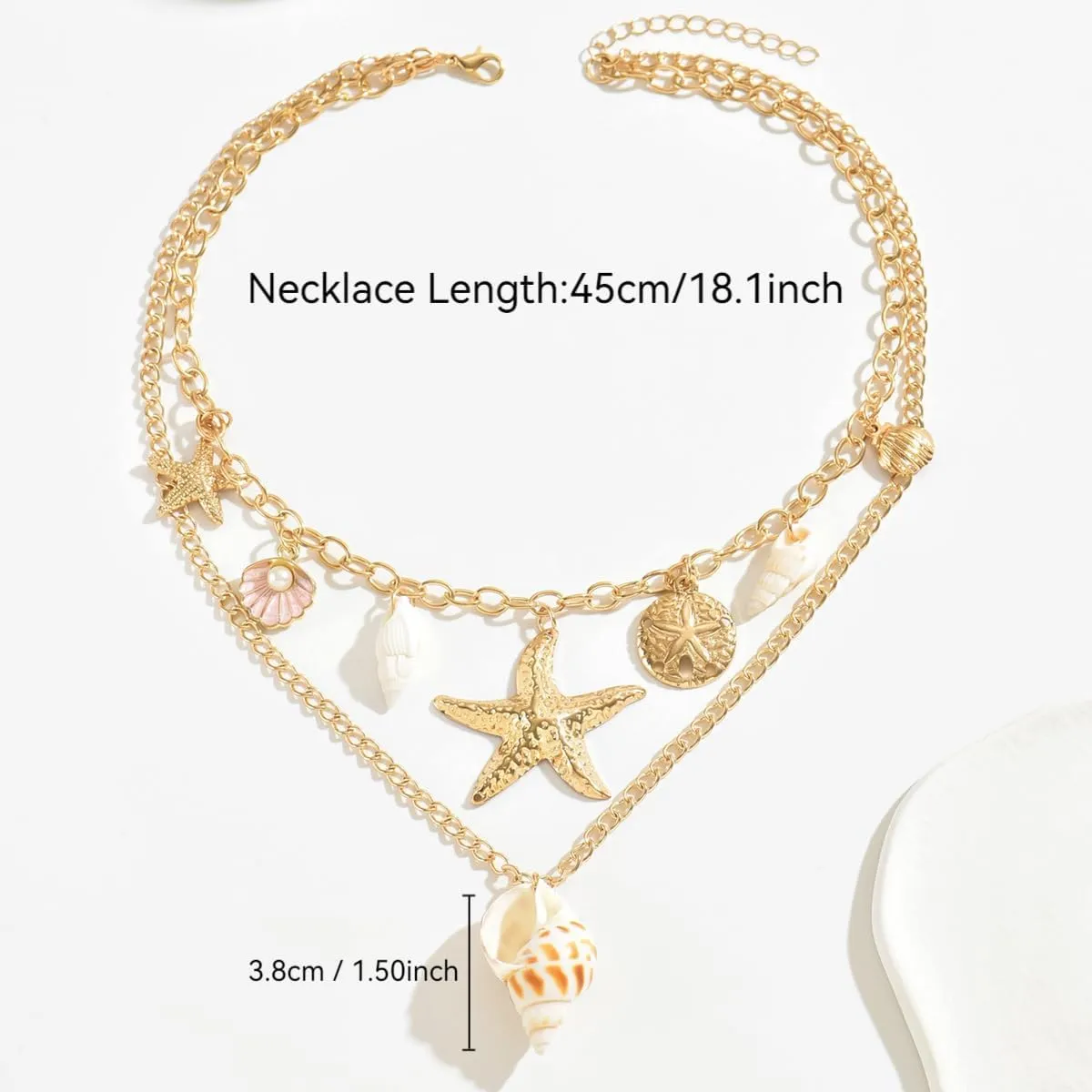 Boho Beach Charm Necklace for Women Seashell Layered Gold Charm Summer Chain Jewelry